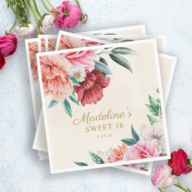 Pink Peonies Burgundy Floral Blätter Sweet 16 Serviette (Von Creator hochgeladen)