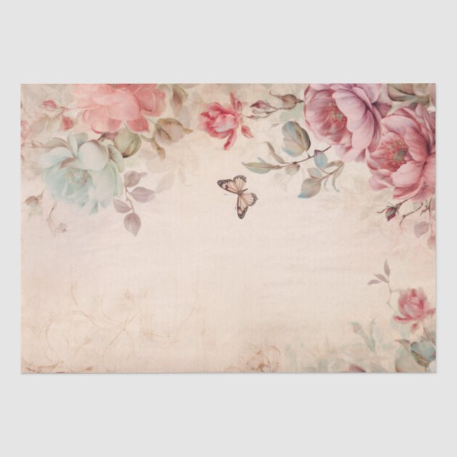 Pink Peonies Butterfly on Parchment Decoupage Seidenpapier (Vorderseite)