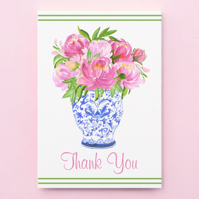 Pink Peonies Chinoiserie Vase Border Dankeskarte (Von Creator hochgeladen)