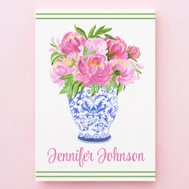 Pink Peonies Chinoiserie Vase Border Personalisier Dankeskarte (Von Creator hochgeladen)