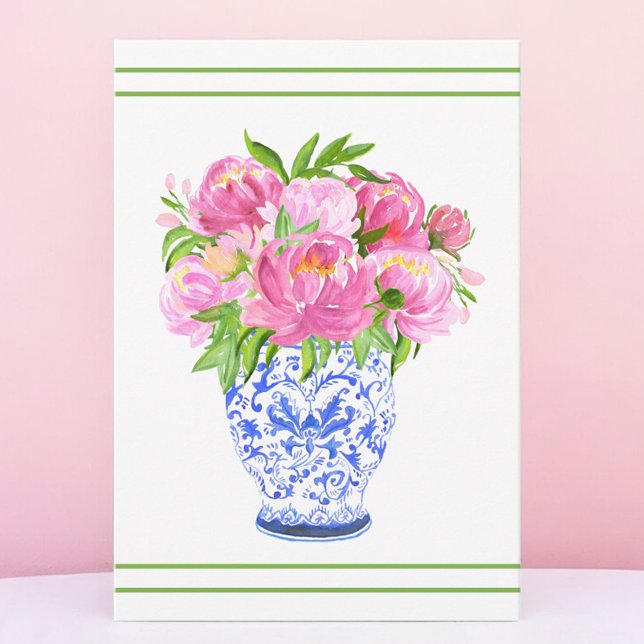 Pink Peonies Chinoiserie Vase Green Border Dankeskarte (Von Creator hochgeladen)