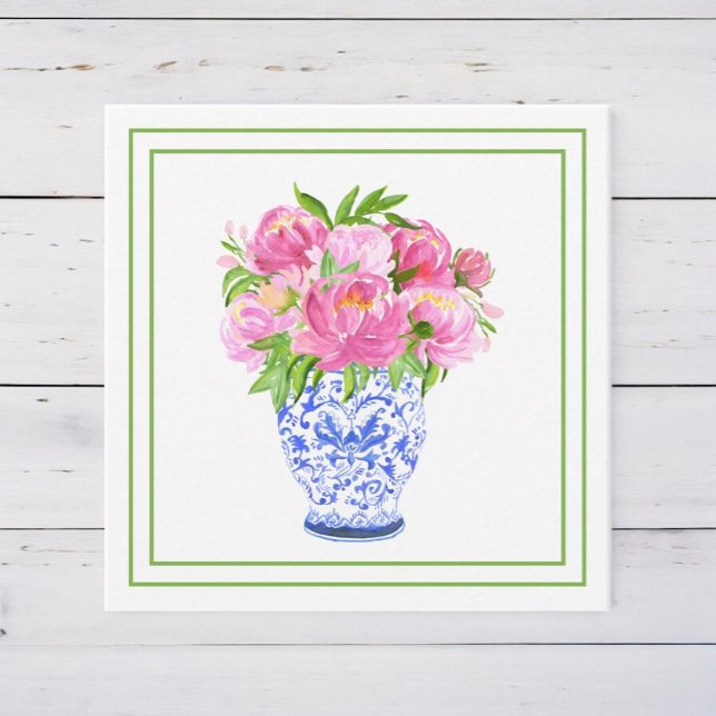 Pink Peonies Chinoiserie Vase Green Border Mitteilungskarte (Von Creator hochgeladen)