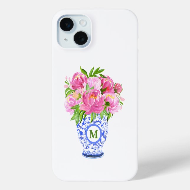 Pink Peonies Chinoiserie Vase Green Monogram Case-Mate iPhone Hülle (Rückseite)