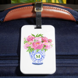 Pink Peonies Chinoiserie Vase Green Monogram Gepäckanhänger