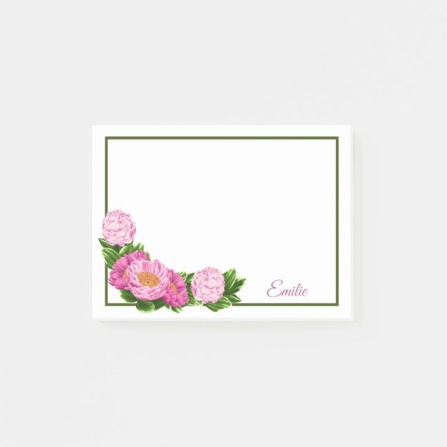 Pink Peonies Corner Border Post-It Notes Klebezettel (Vorderseite)