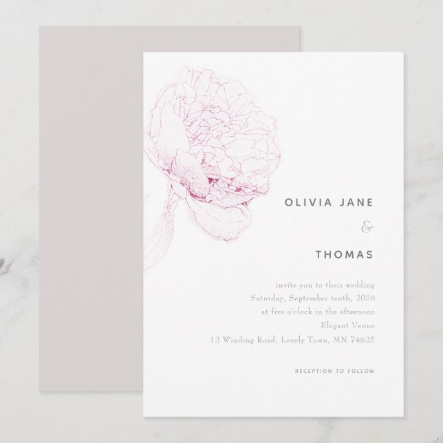 Pink Peonies Elegante Blumenkitzel Hochzeit Einladung (Vorne/Hinten)