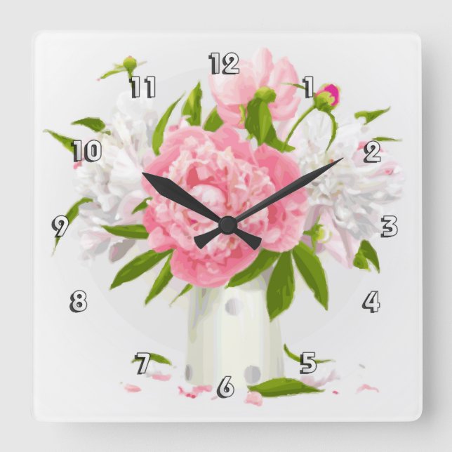 Pink Peonies Fine Floral Quadratische Wanduhr (Vorderseite)