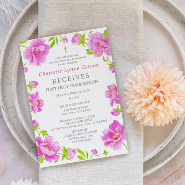 Pink Peonies First Heilige Kommunion Einladung (Von Creator hochgeladen)