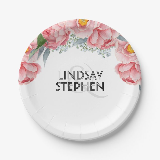 Pink Peonies Floral Elegante Hochzeit Pappteller (Vorderseite)