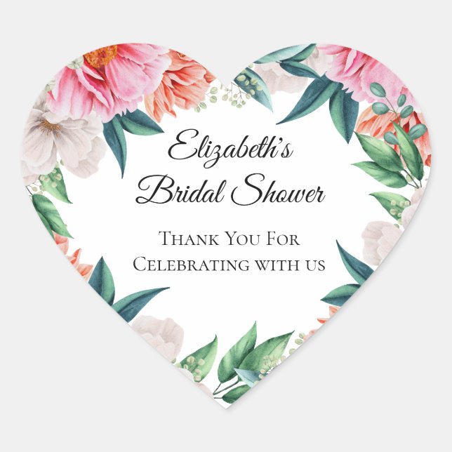 Pink Peonies Floral Eukalyptus Brautparty Gefallen Herz-Aufkleber (Vorderseite)