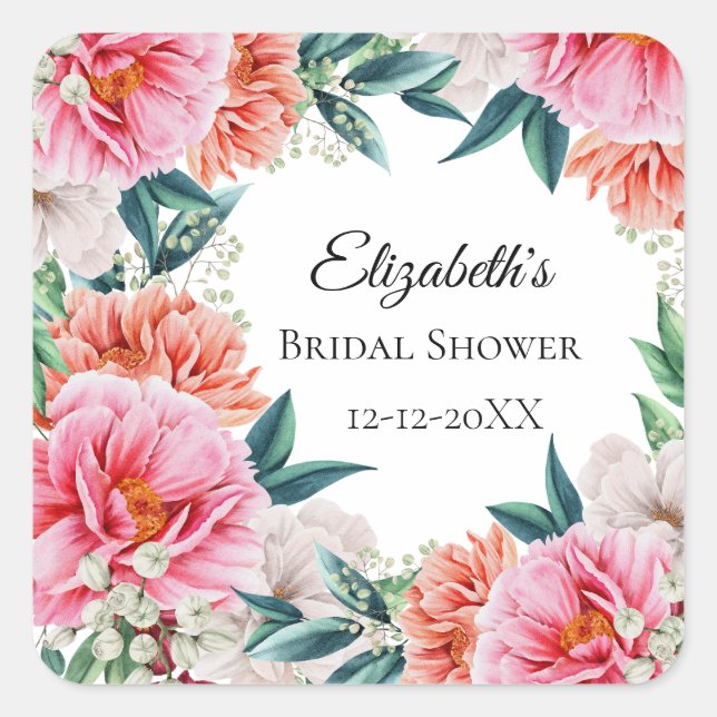 Pink Peonies Floral Eukalyptus Brautparty Gefallen Quadratischer Aufkleber (Vorderseite)