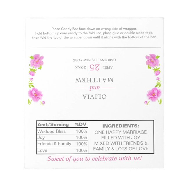 Pink Peonies Floral Wedding Candy Wrappers Notizblock (Vorderseite)