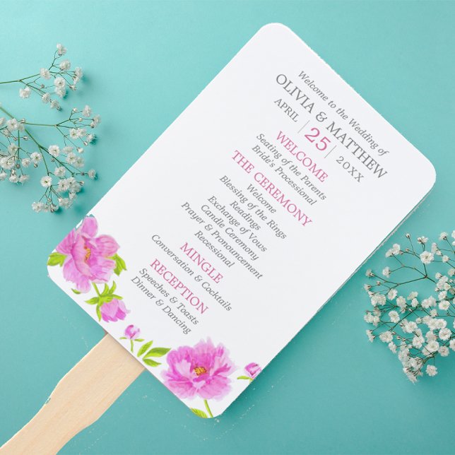 Pink Peonies Floral Wedding Program Hand Fans Fächer (Von Creator hochgeladen)