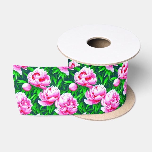 Pink Peonies Garden Print Satinband (Spule)