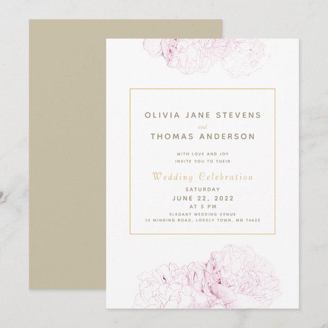 Pink Peonies Gold Elegante Moderne klassische Hoch Einladung (Vorne/Hinten)