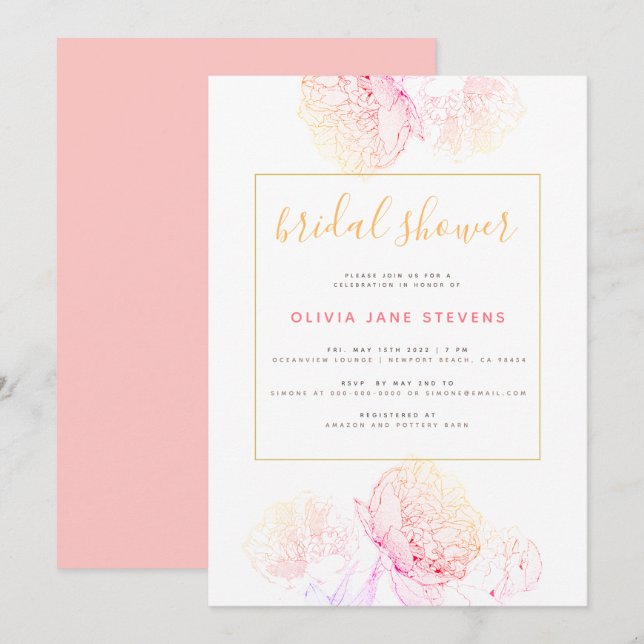 Pink Peonies Gold Elegante Modernes Brautparty Einladung (Vorne/Hinten)