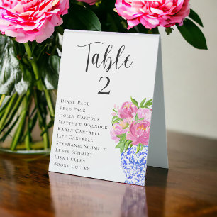Pink Peonies Hochzeitsdiagramm-Tischnummer Tischaufsteller