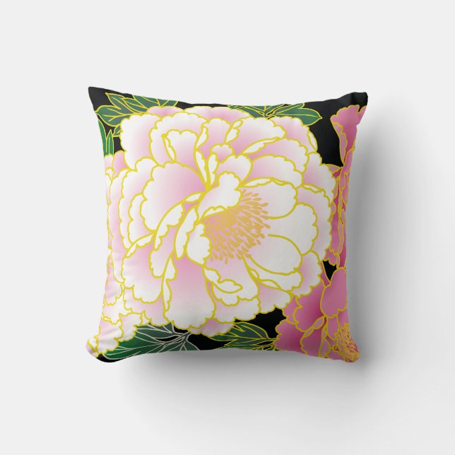 Pink Peonies Japanisch Floral Kimono Kissen (Vorderseite)