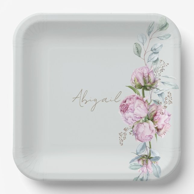 Pink Peonies Light Sage Brautparty Pappteller (Vorderseite)