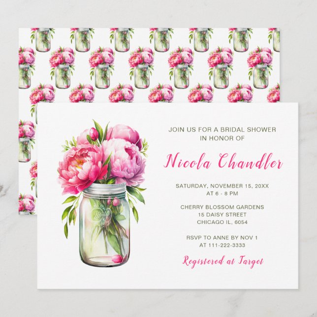 Pink Peonies Mason Jar Brautparty Einladung (Vorne/Hinten)