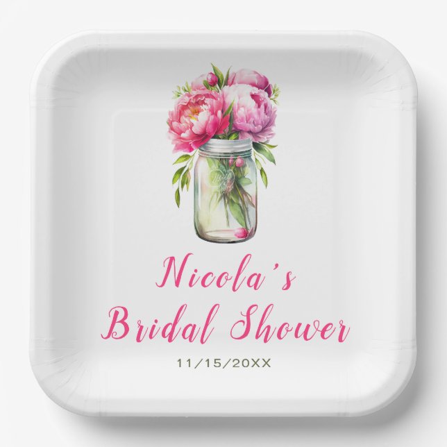 Pink Peonies Mason Jar Brautparty Pappteller (Vorderseite)