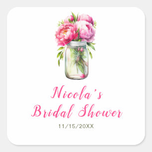 Pink Peonies Mason Jar Brautparty Quadratischer Aufkleber