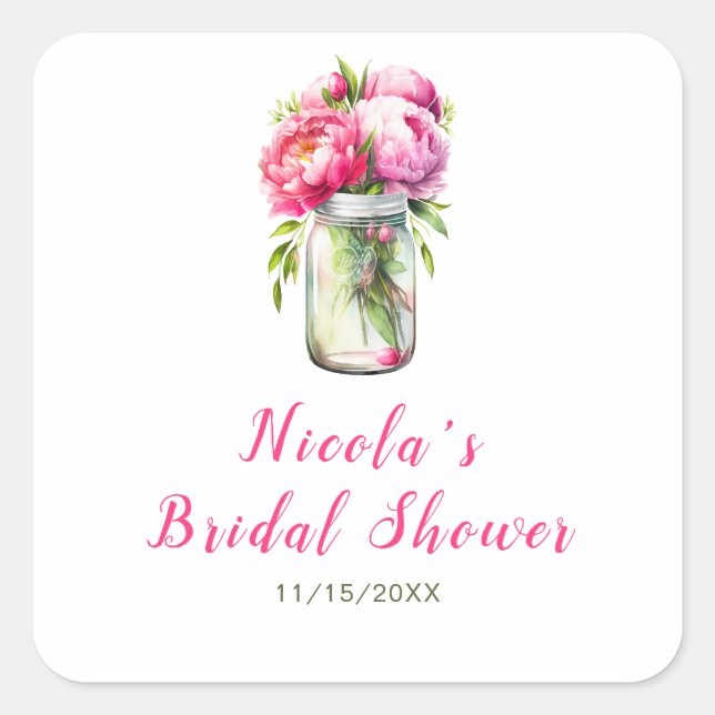 Pink Peonies Mason Jar Brautparty Quadratischer Aufkleber (Vorderseite)