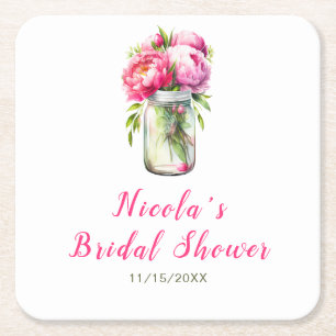 Pink Peonies Mason Jar Brautparty Rechteckiger Pappuntersetzer