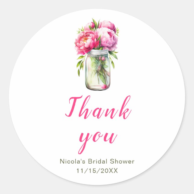 Pink Peonies Mason Jar Brautparty Runder Aufkleber (Vorderseite)