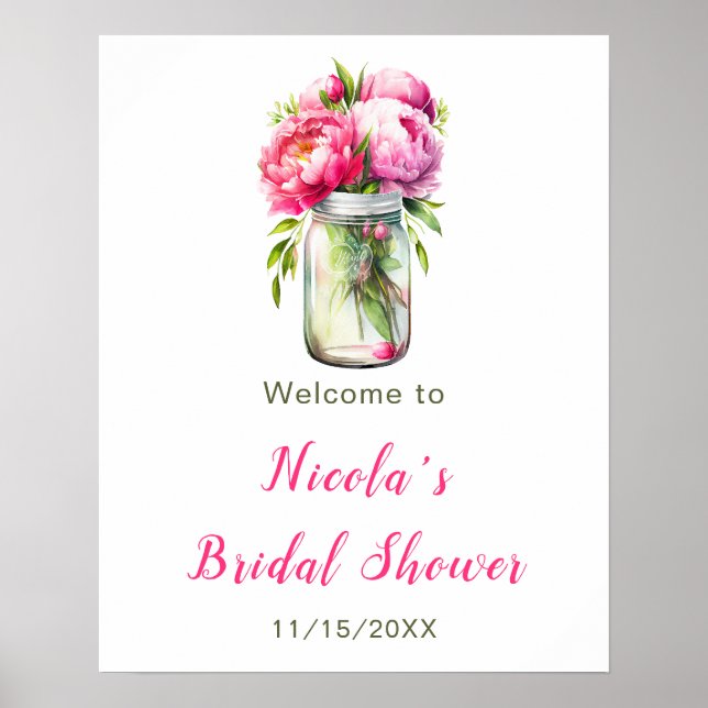 Pink Peonies Mason Jar Brautparty Willkommen Poster (Vorne)