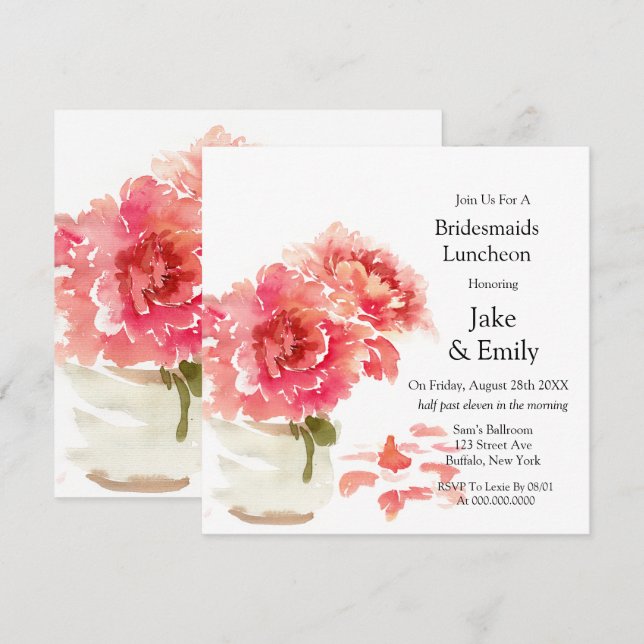Pink Peonies Mason Jar Bridesmaids Luncheon Einladung (Vorne/Hinten)
