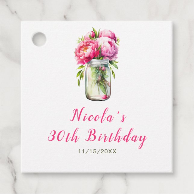 Pink Peonies Mason Jar Geburtstag Geschenkanhänger (Vorderseite)
