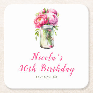 Pink Peonies Mason Jar Geburtstag Rechteckiger Pappuntersetzer