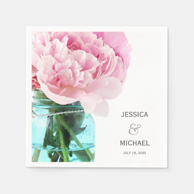 Pink Peonies Mason Jar Personalisierte Hochzeit Serviette (Vorderseite)