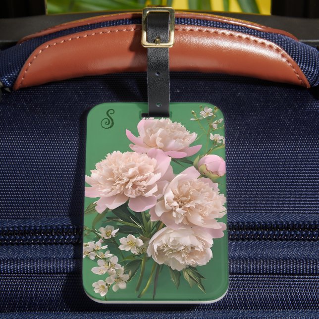 Pink Peonies Monogram Name Personalized Gepäckanhänger (Vorderseite Insitu 2)