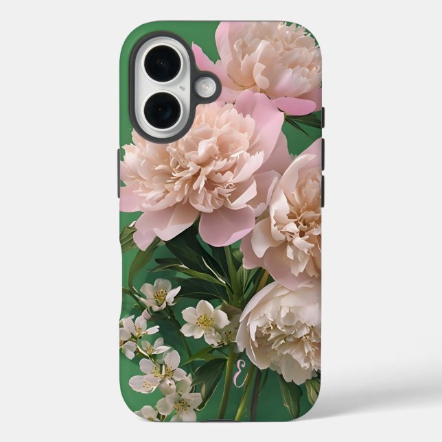 Pink Peonies Monogram Name Personalized iPhone 16 Hülle (Rückseite)
