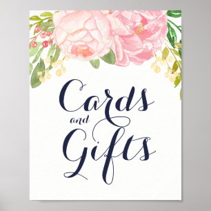 Pink Peonies on Blue Cards and Gifts Sign (8x10) Poster