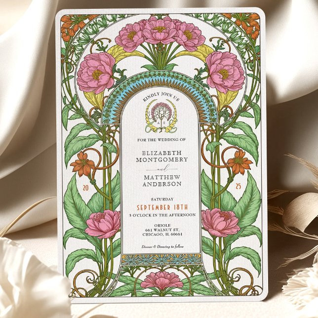 Pink Peonies & Orange Blooms Jugendstil-Hochzeit Einladung (Von Creator hochgeladen)