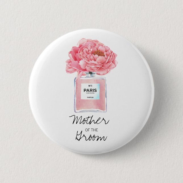 Pink Peonies & Parfüm Mutter des Grooms Button (Vorderseite)