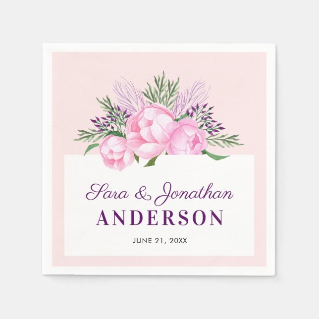 Pink Peonies Personalisierte Hochzeit Serviette (Vorderseite)