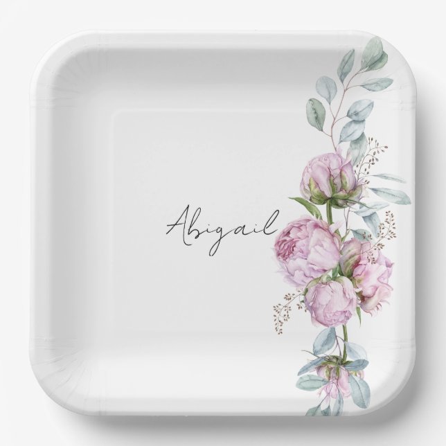 Pink Peonies Personalisiertes Script-Brautparty Pappteller (Vorderseite)