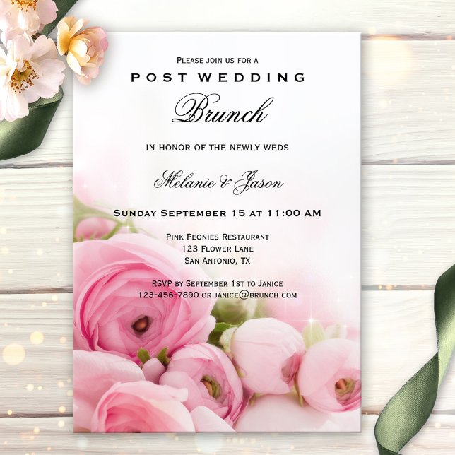 Pink Peonies Post Wedding Brunch Einladung (Classic post or after wedding brunch or lunch party invitation featuring lovely pink peonies)