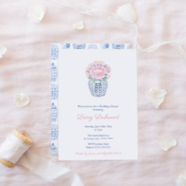 Pink Peonies Preppy Blue White Vase Brautparty Einladung