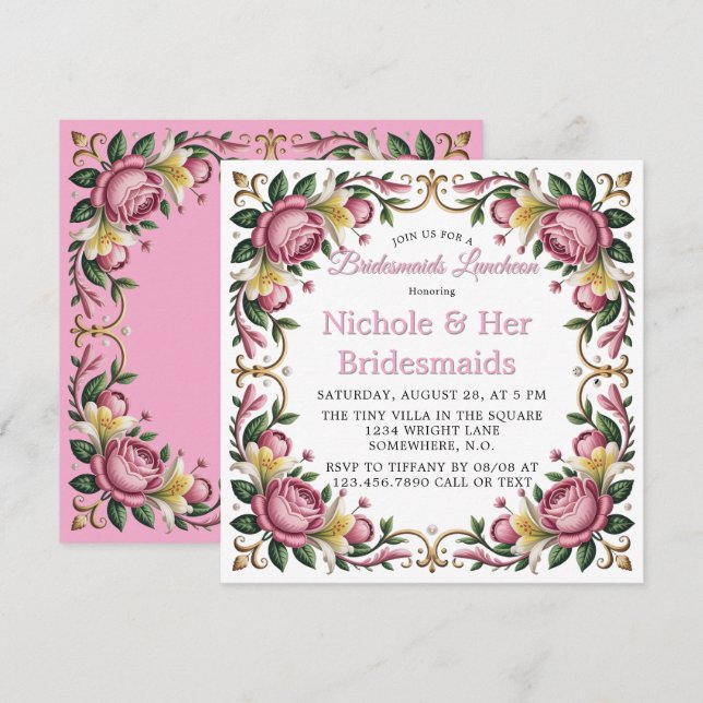 Pink Peonies Rokoko Bridesmaids Luncheon Einladung (Vorne/Hinten)