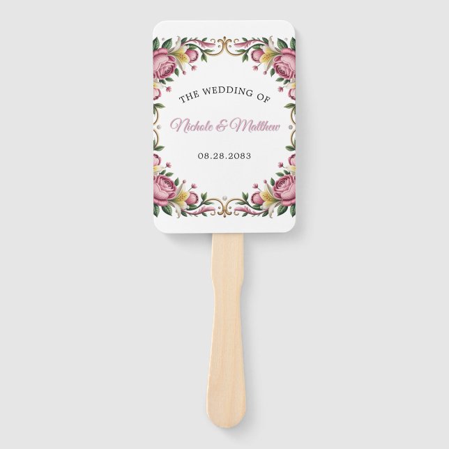 Pink Peonies Rokoko Frame Wedding Fächer (Vorderseite)