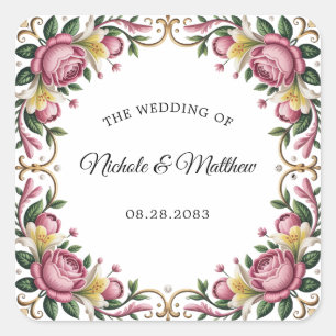 Pink Peonies Rokoko Frame Wedding Quadratischer Aufkleber