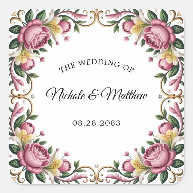 Pink Peonies Rokoko Frame Wedding Quadratischer Aufkleber (Vorderseite)