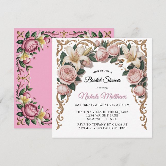 Pink Peonies Rokoko Rahmen Brautparty Einladung (Vorne/Hinten)