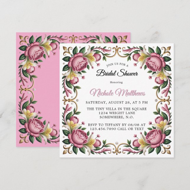 Pink Peonies Rokoko Rahmen Brautparty Einladung (Vorne/Hinten)