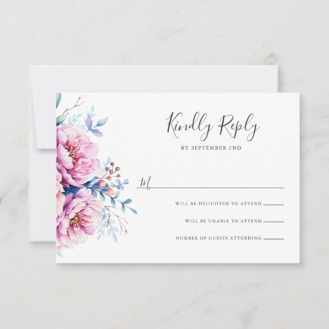 Pink Peonies | RSVP-Karte für Aquarellblumen RSVP Karte (Vorderseite)